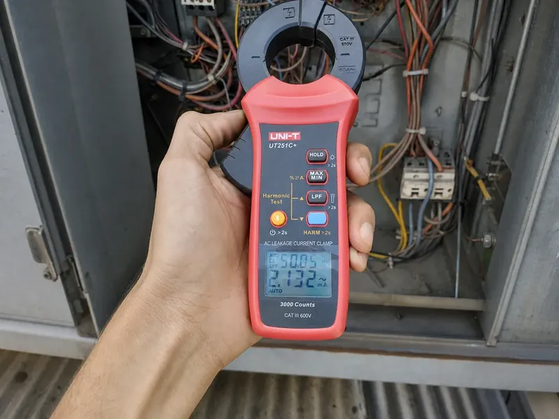 Pinza amperimétrica UNI-T UT251C+ para medir corriente de fuga en instalaciones eléctricas.